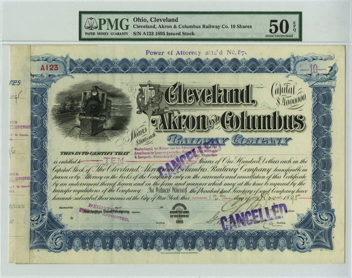 Cleveland, Akron and Columbus Railway - PMG Graded 50 EPQ - 1895 dated Railroad Stock Certificate